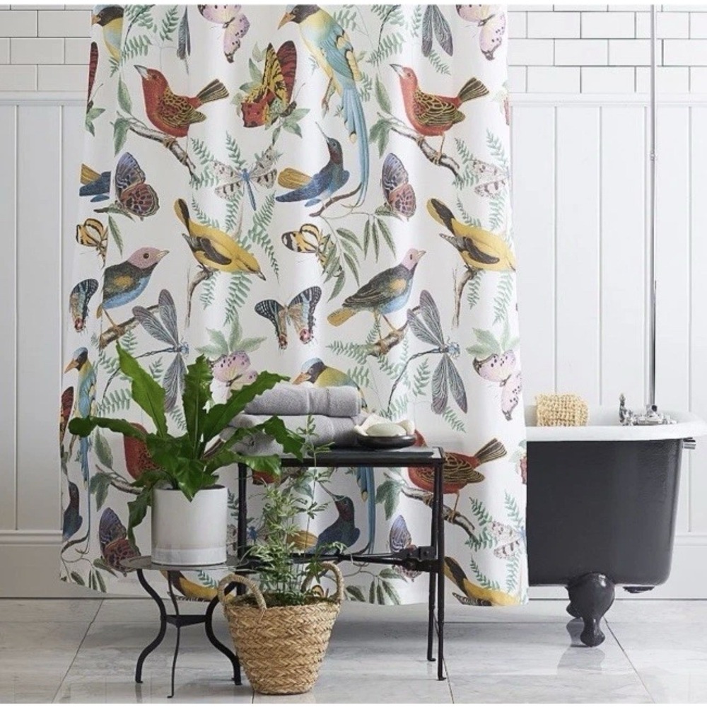 Pottery Barn Fauna Shower Curtain 72x72 Tropical Birds Butterflies Cotton NWT